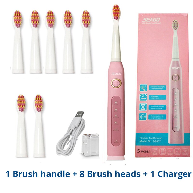 Adulto sônico escova de dentes elétrica seago SG-507 recarregável 5 modos profunda oral limpo macio dupont cerdas cabeças escova: Pink5heads