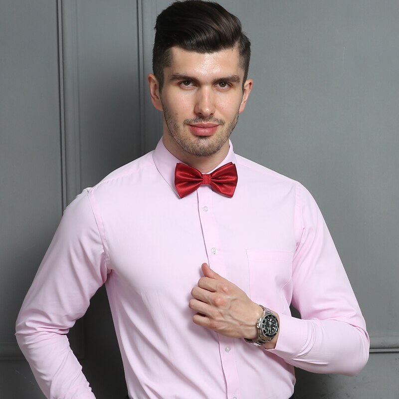 Long Sleeve Solid Pink Men Dress Shirts Slim Fit Casual Social Shirt Male Clothing Asian Size XL / 41