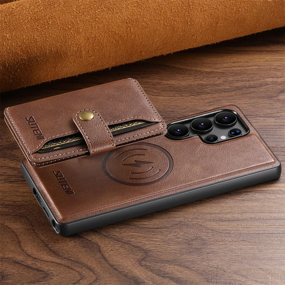 Magsafe afneembare magnetische portemonnee met kaarthouder telefoonhoesje voor galaxy  s25 s24 s23 s22 ultra, beschermhoes van pu-leer: Zwart / Voor iphone 16 plus