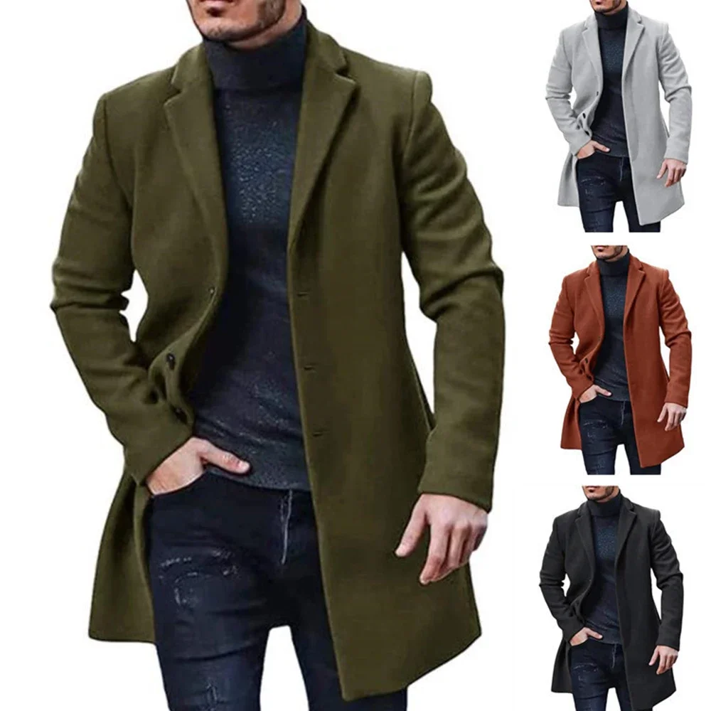 Men's Spring Autumn Mid length Cotton Coat Wool Blended Solid Color Casual Business Slim Fit Windproof Jacket