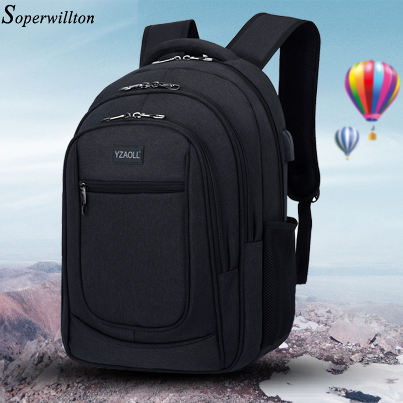 Soperwillton Männer Wasserdichte Rucksack Solide Multifunktions Mann Laptop Rucksack Teenager Bookbag Oxford USB Ladung Reisetaschen