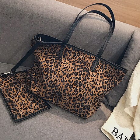 2 stks/set Pluche grote zak vrouwelijke tij luipaard print rits schouder bagslarge capaciteit tote shopping Hand bags handtas: Brown