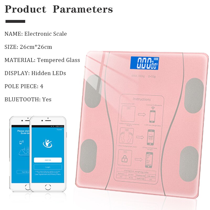 Balance électronique intelligente de salle de bain, Bluetooth, graisse corporelle, LED, 18 données, analyseur d&#39;imc, synchronisation avec application rose