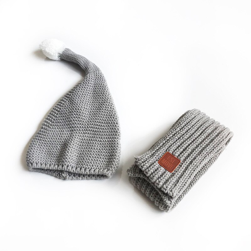 Vinter baby låve gutt jenter fast caps skjerf varm ull strikket søt ballhue + lue skjerf 2 stk / sett låve hals varmere lokk: Grå