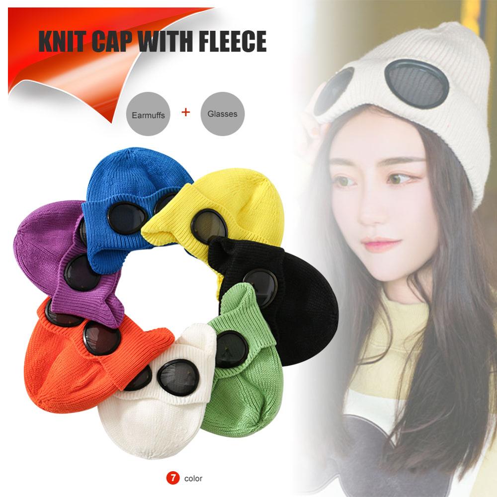 1PC Bunte Winter warm Mütze mit Brille draussen-Sport Gestrickte Kappe Einfarbig Zubehör