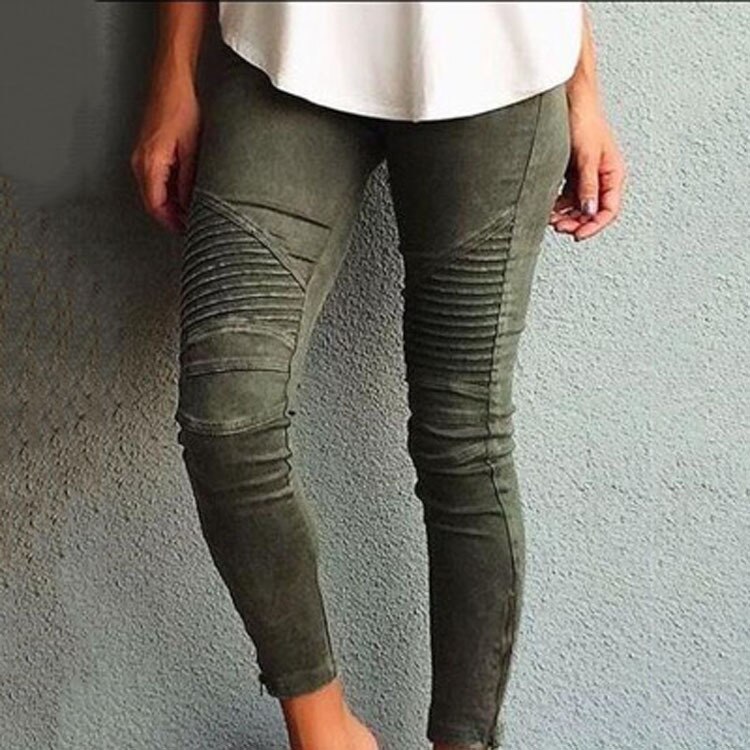 Europa Amerika Moto Biker Jeans Vrouwen Katoen Gewassen Vintage Geplooide Potlood Broek Femme Rits Hoge Elasticiteit Skinny Broek: green / S