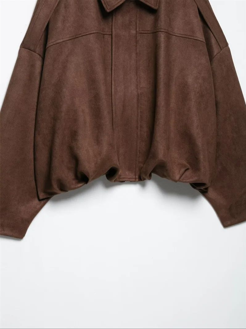 Chaqueta bomber de ante sintético de gran tamaño para mujer de ZBZA, con solapa con textura de ante, mangas largas de murciélago y dobladillo plisado, chaqueta bomber holgada, nueva prenda exterior vintage para mujer