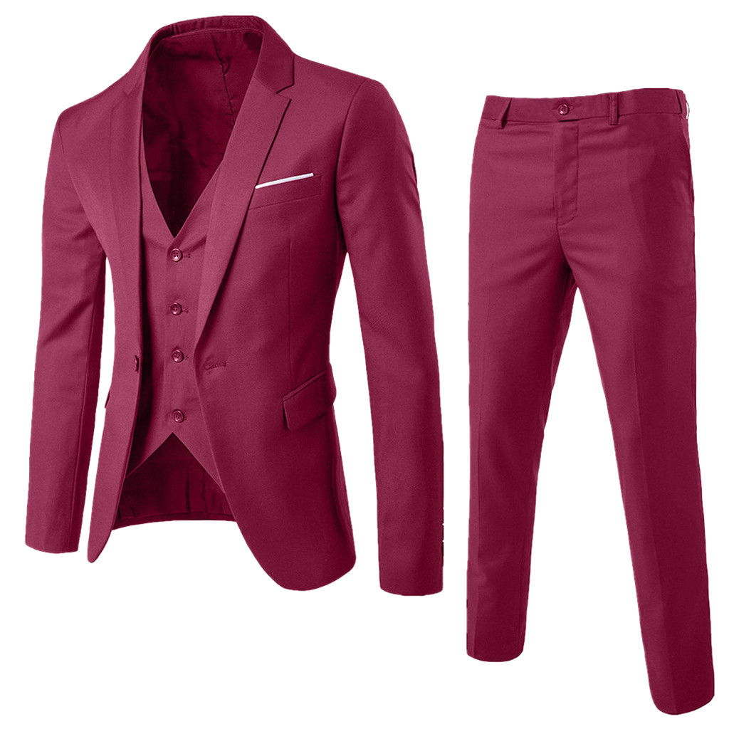 3 piezas de hombre de negocios Blazer + chaleco + pantalón conjunto de traje para hombre de oficina de trabajo Formal sólido Delgado boda conjunto Vintage clásico Blazers: Wine / S