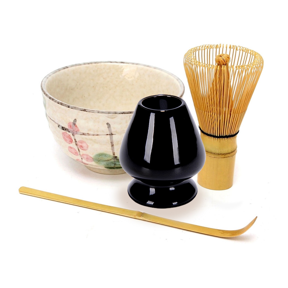 4Pcs/set Traditional Matcha Giftset Natural Bamboo Matcha Whisk Scoop Ceremic Matcha Bowl Whisk Holder Japanese Style Tea Sets: Lotus