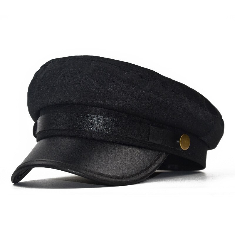 WELROG PU Leather Cotton Hats Wild Duck Tongue Octagonal Cap Women Flat Caps Berets Solid Lady Leather Buckle Hat: Black