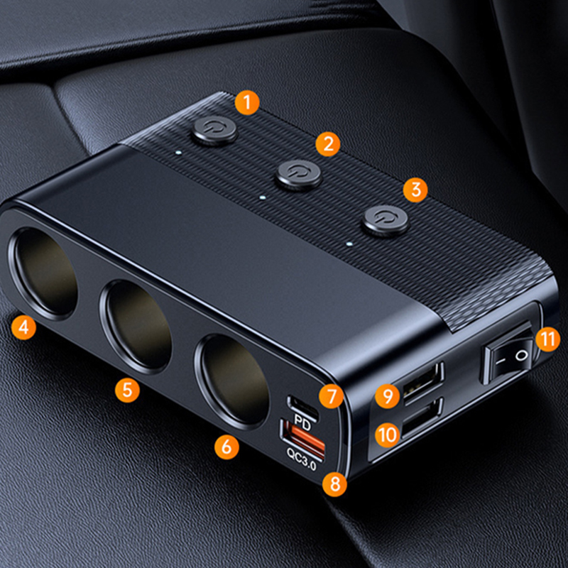 128W Autolader Splitter Multi Poorten PD30W QC3.0 Sigarettenaansteker Adapter Sigarettenaansteker Splitter met Schakelaar: Black