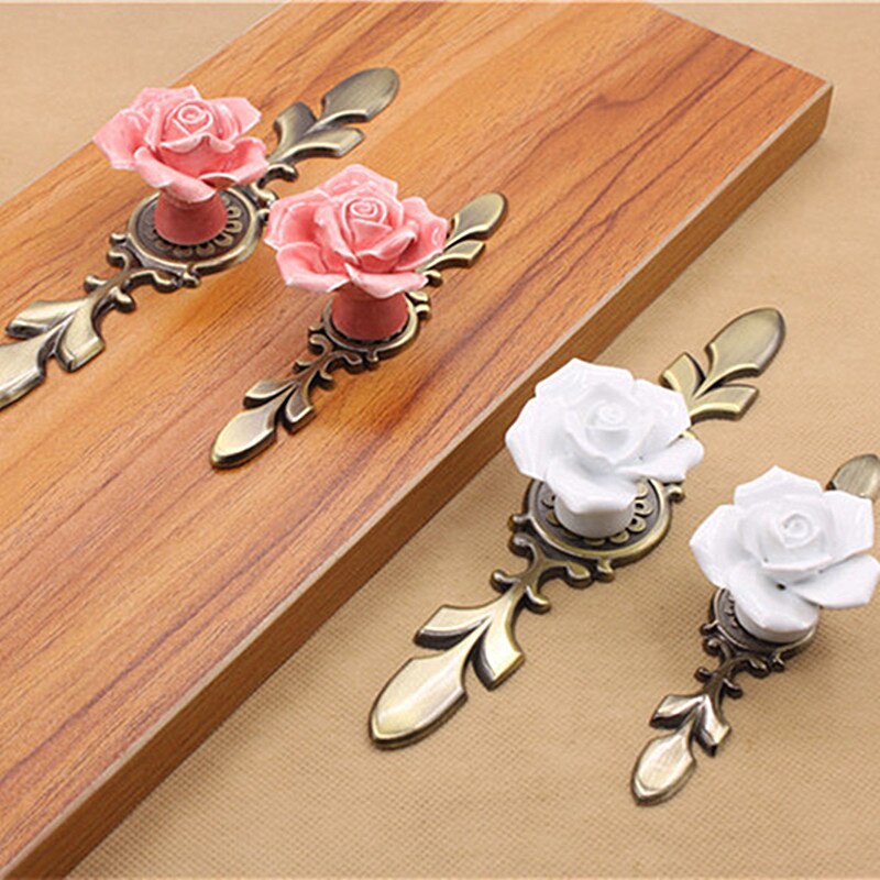 Puxadores de porta de base de liga cerâmica rosa flor/branco armário de cozinha gaveta armário botões único furo mobiliário punho
