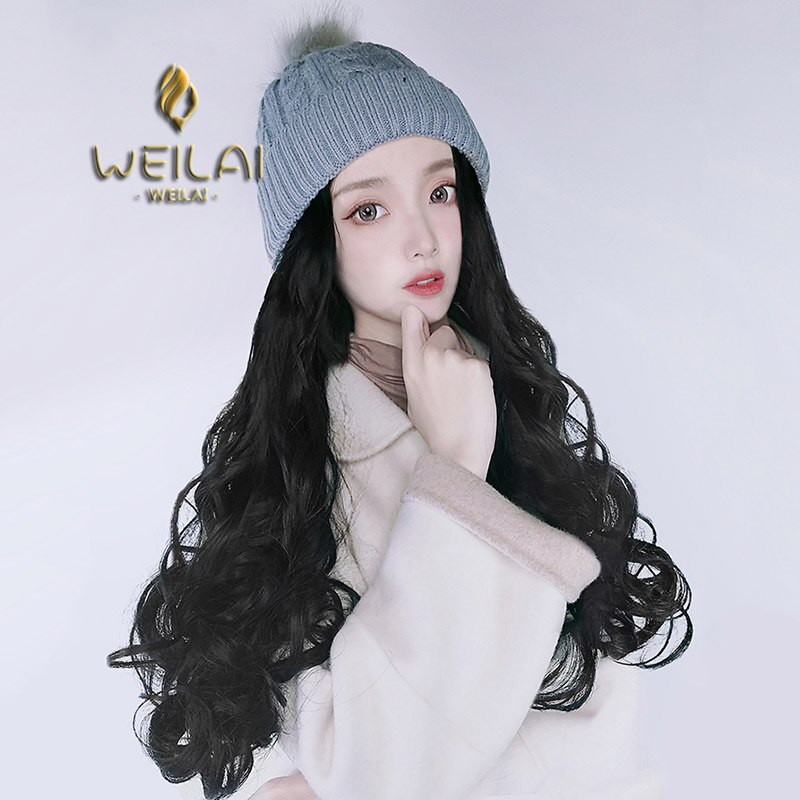 Peluca WEILAI de mujer de pelo largo de otoño e invierno coreano más terciopelo acolchado de punto de felpa Peluca de sombrero una mujer de pelo largo rizado ondas