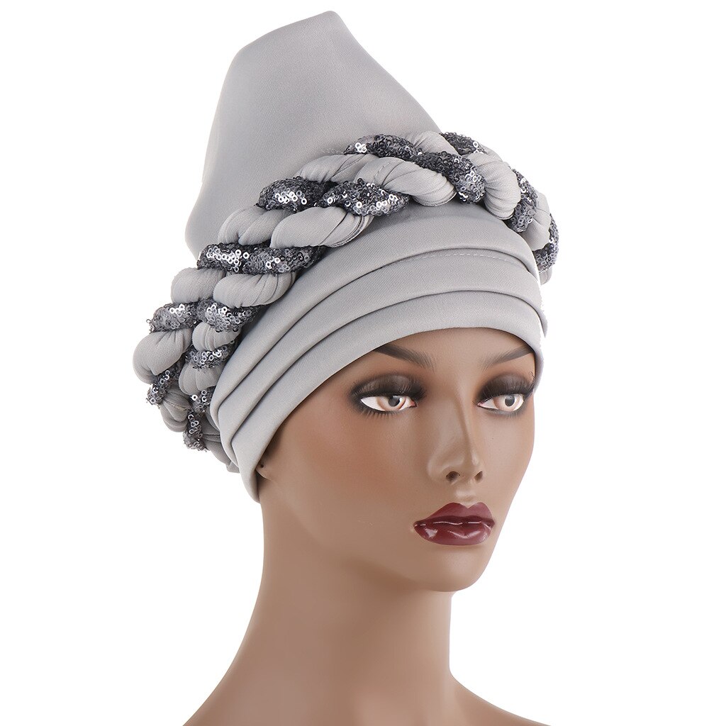 Couvre-chef africain en paillettes pour femmes, Turban, Bonnet musulman, prêt à porter, Hijab, chapeau de mariage: gray