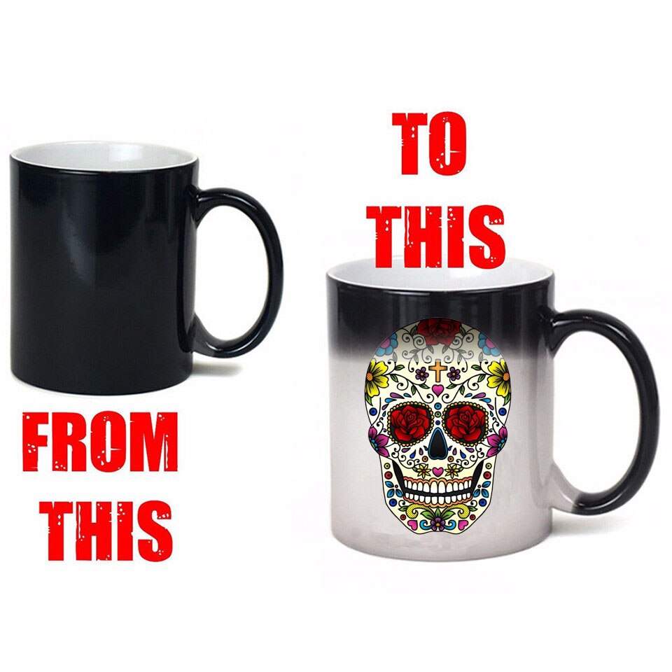 Färgglad dödskalle muggar glas värme färgskiftande kopp missfärgning magisk personlighet rolig keramisk kaffekopp mugg skalle
