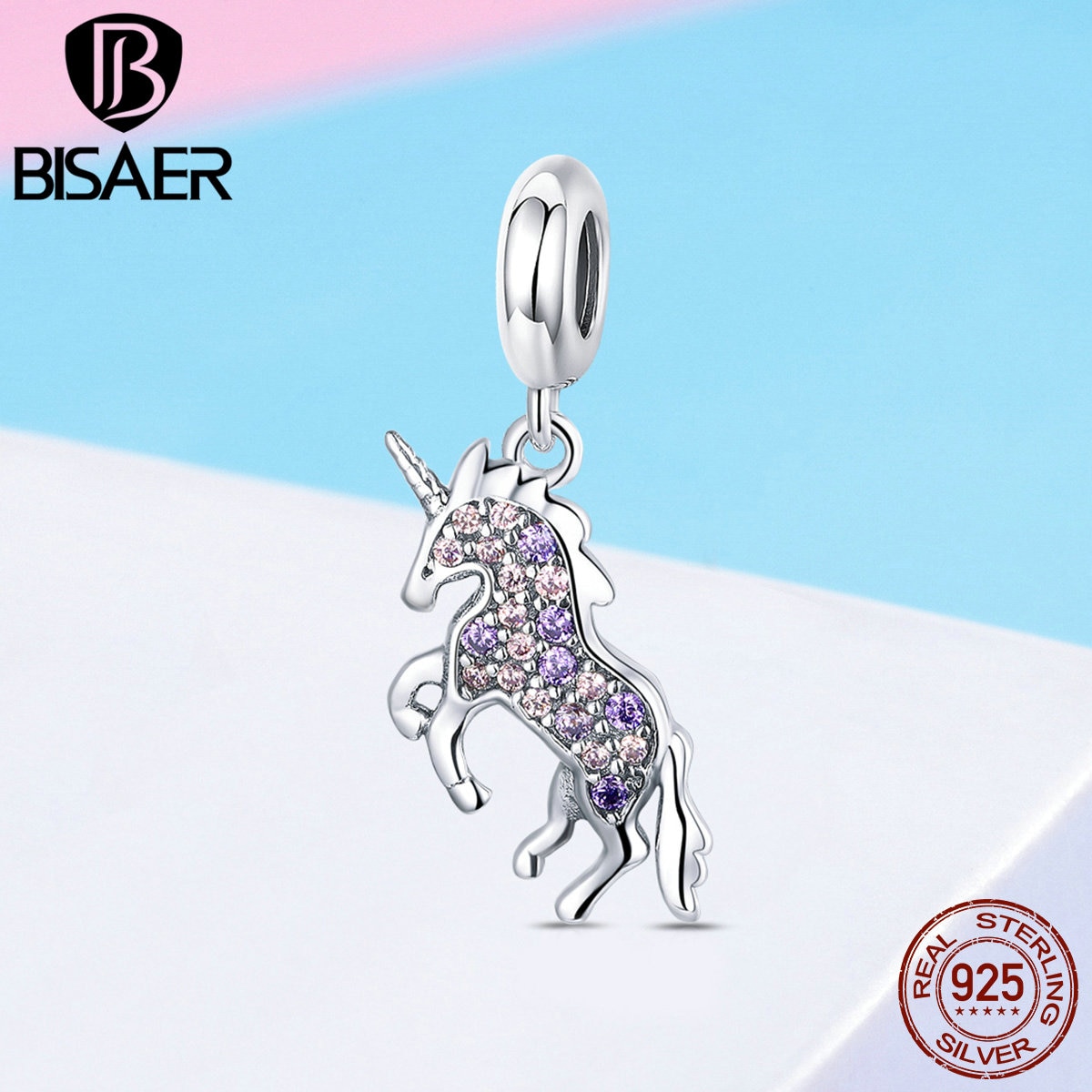 Unicorn BISAER 925 Sterling Silver Licorne Animal Beads Lucky Pendant fit Women Charm Bracelets Silver Beads for Jewelry Making