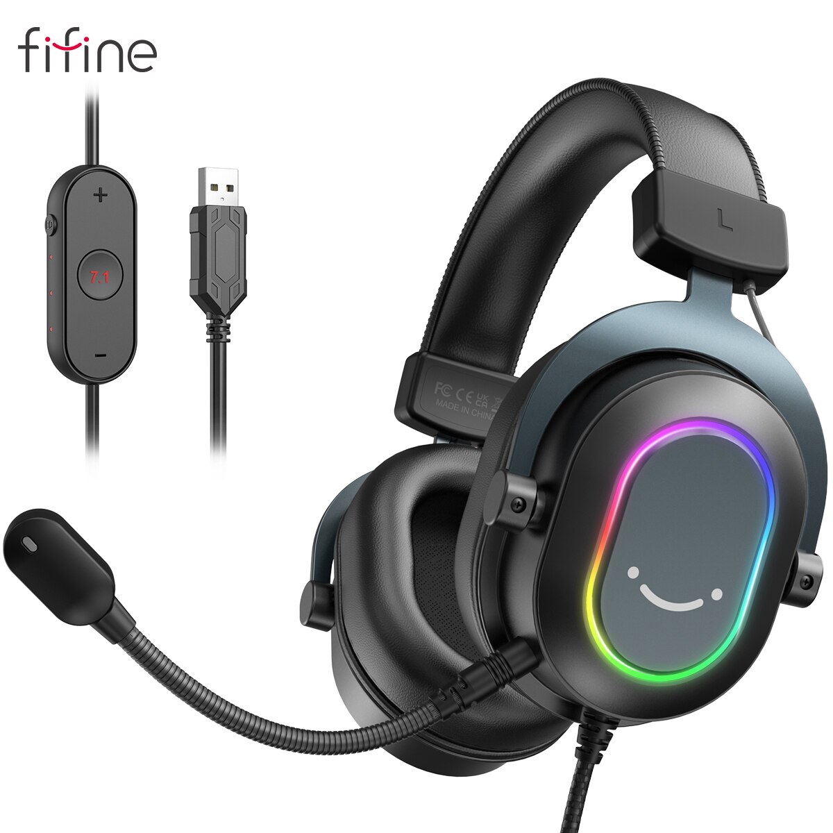Fifine Dynamiczny zestaw słuchawkowy RGB do gier z mikrofonem Słuchawki nauszne 7.1 Dźwięk przestrzenny PC PS4 PS5 3 Opcje EQ Gra Film Muzyka