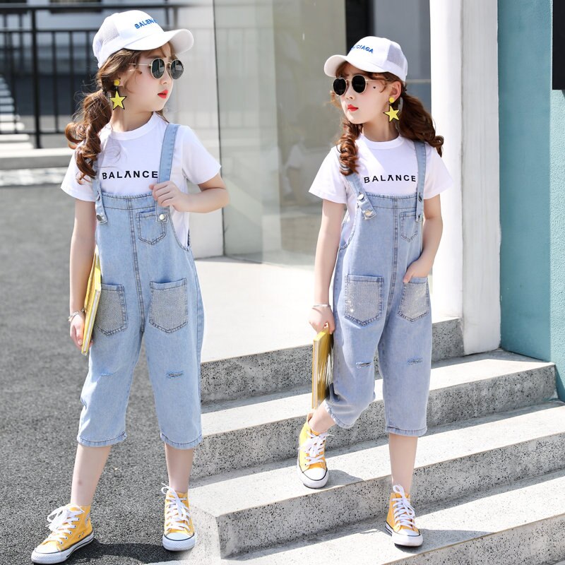 Sommer freundlicher Mädchen Denim Hosenträger Hosen Schulter Gurt Kalb-Länge Hosen Jugendliche Mädchen Jahrgang Jeans Insgesamt mit Kristall Tasche