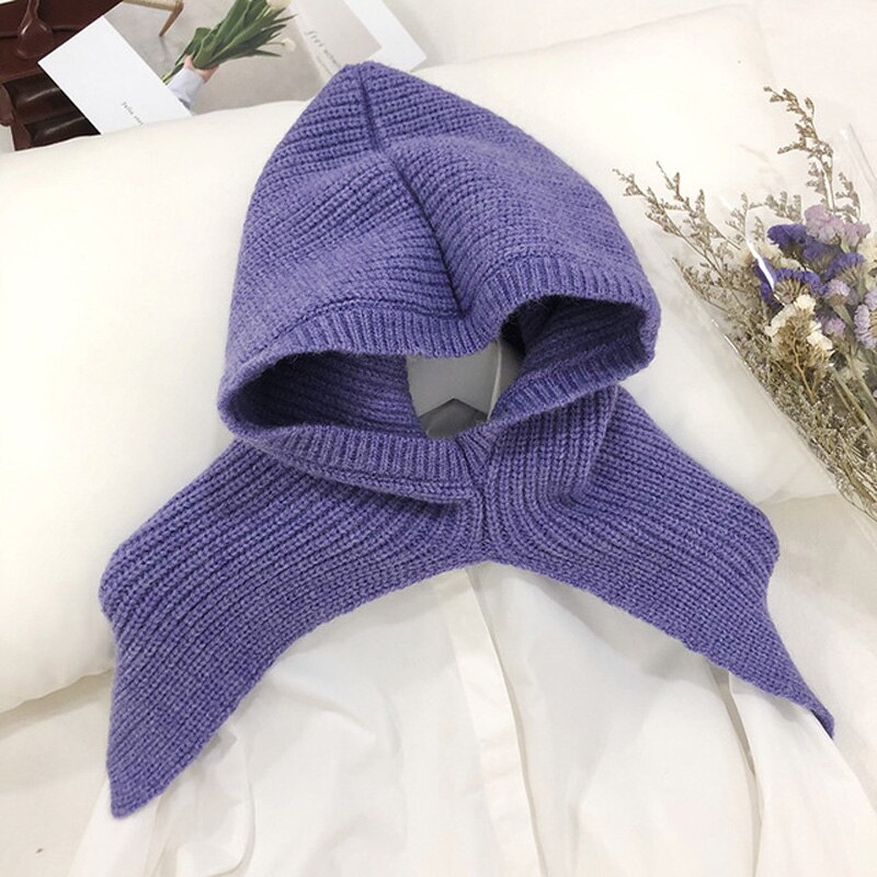 fast vinterstrikket skjerf hette hode kvinner varm snood buff tykk hals krage sjal vikler vindtett sjaals damer bufandas mujer: Lilla