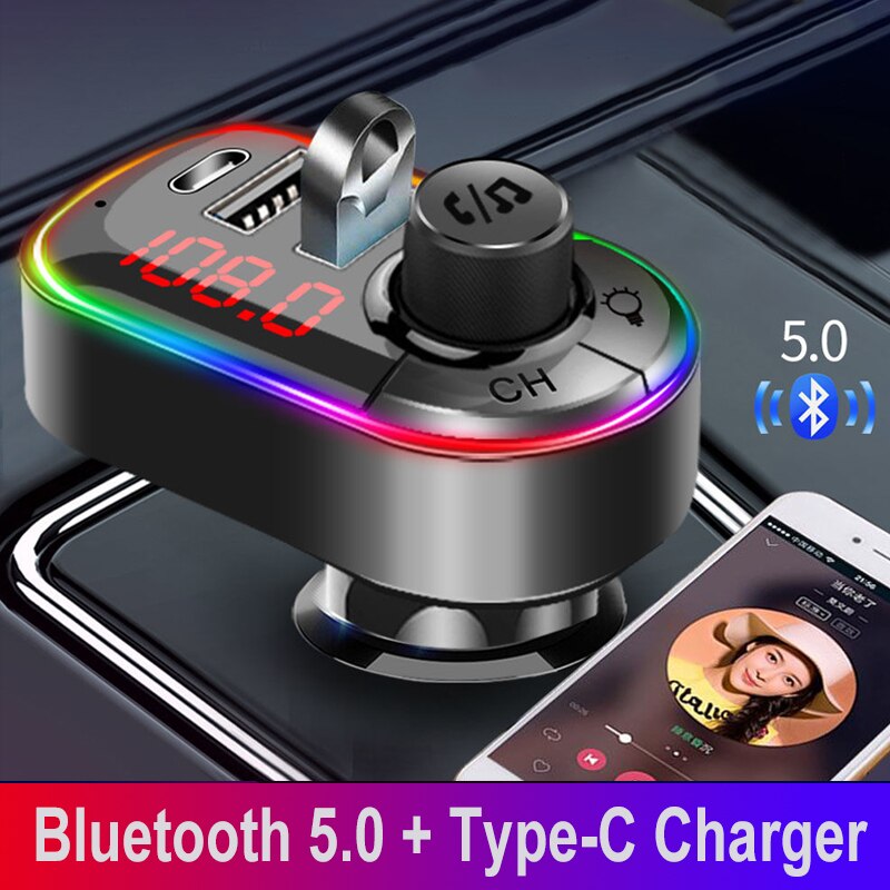Dual Usb Charger Auto Fm-zender U Disk Muziekspeler Bluetooth 5.0 Handsfree Met Type-C Poort