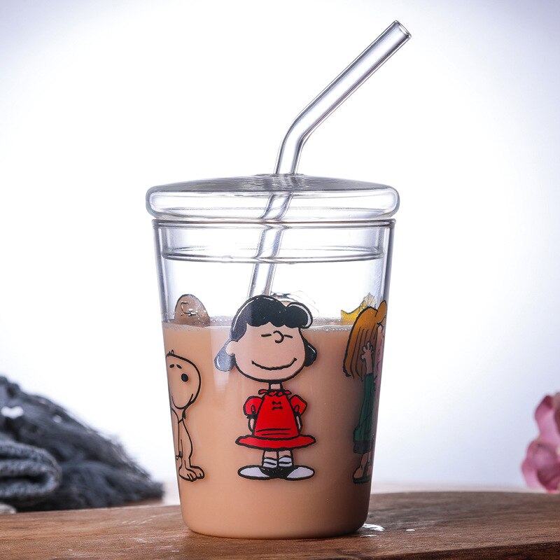 Heat-Resisting Clear Strawberry Letter Pattern Coffee Juice Drinking Water Glass Cup with Straw Lid For Home OffIce Drinkware MJ