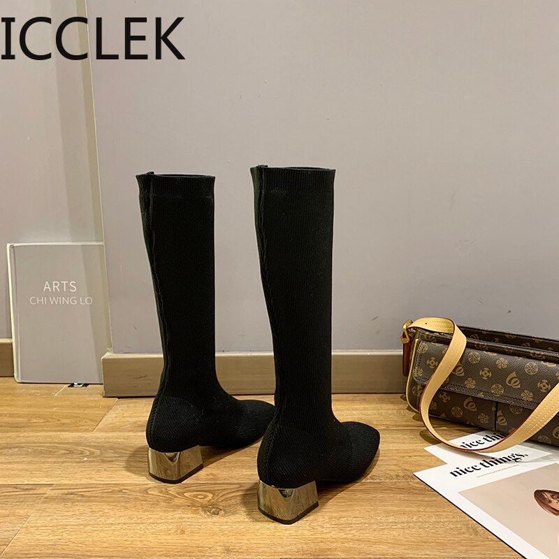 Chaussettes cuissardes tricotées bottes cuissardes femme talon carré tissu Stretch noir bottes hautes talon moyen bottes d'hiver