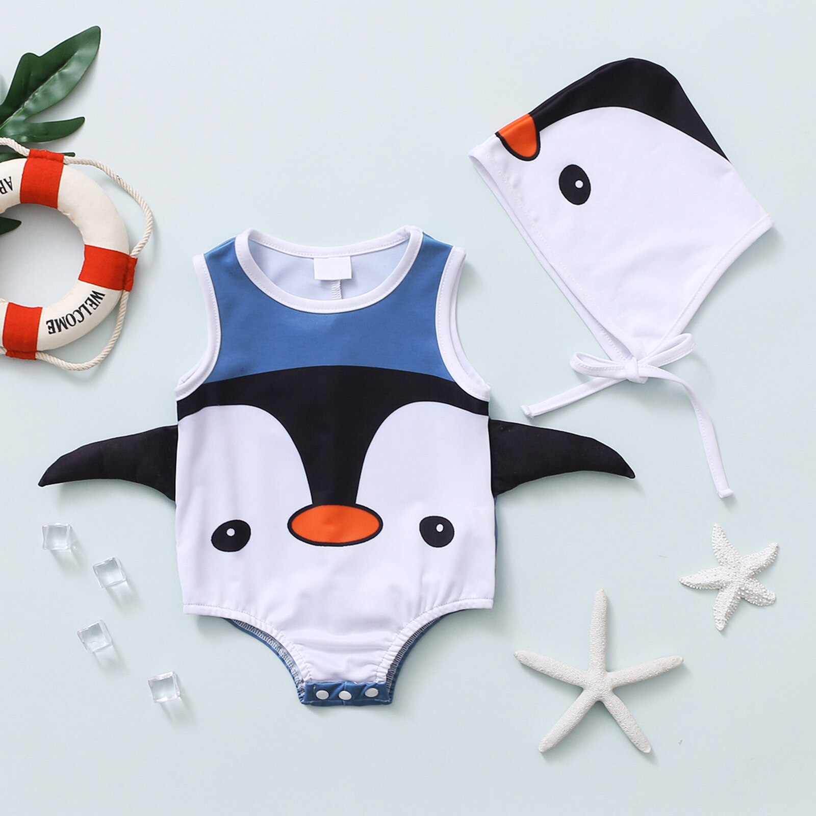 Summer Swimsuit Toddler Baby Boys Girls Clothes One Piece Cartoon Penguin Printed Swimsuit Swimwear Hat Children's Clothing