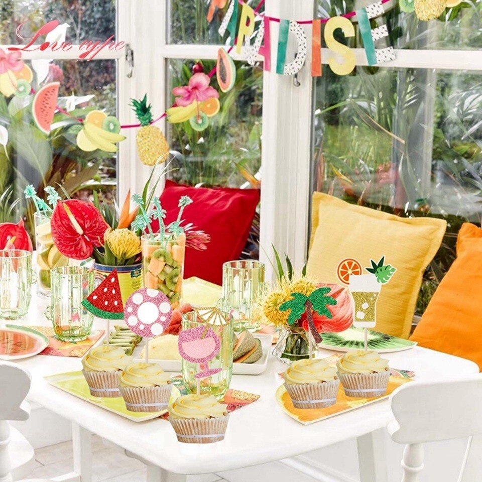 Toppers de Cupcake en forme de palmier, 1 ensemble, flamand rose, ananas, Aloha, décorations pour fête de piscine d'été, mariage, anniversaire, réception pour bébé