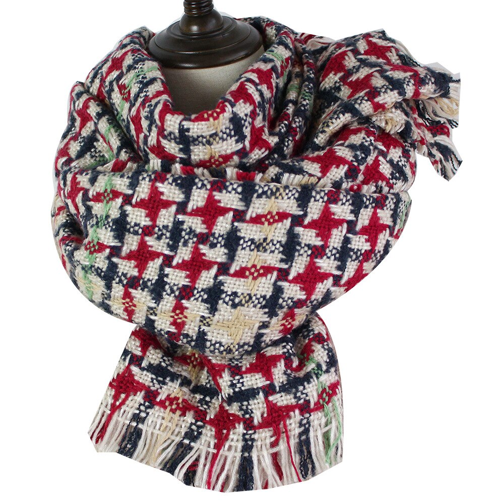 Rainbow Winter Plaid Scarf Women Thick Warm Shawls Wraps Lady Scarves Tassels Pashmina Blanket Houndstooth Foulard Red