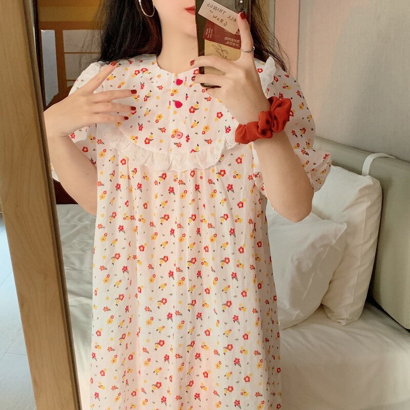 Zoete Leuke Over-De-Knie Vrouwen Nachtjapon Korte Mouwen Katoen Homewear Bloemen Gedrukt Nachthemd Slapen Jurk