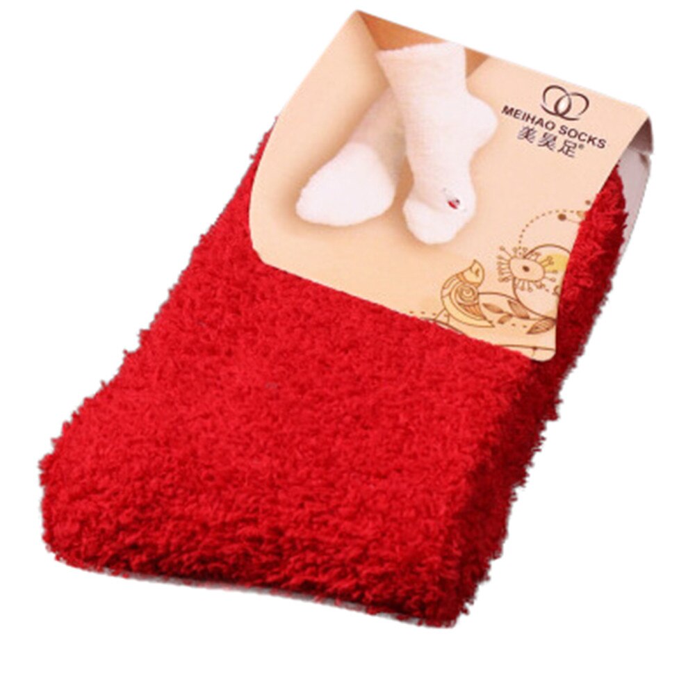 FREE OSTRICH 1 Pair Home Women Girls Soft Bed Floor Socks Fluffy Warm Winter Pure Color Thick towel socks: Red