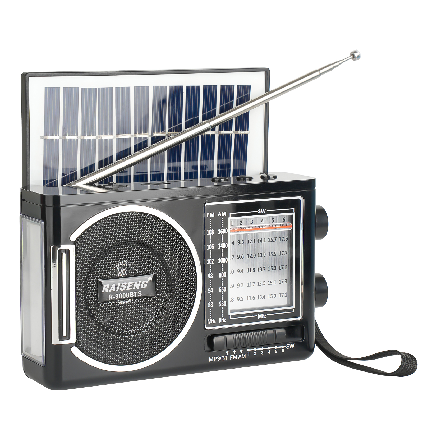 9008BTS classic solar radio, AM/FM speaker, USB/TF card interface, 3 charging methods, suitable for outdoor activities: black
