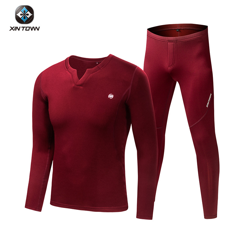 Winter Herfst Skiën Thermisch Ondergoed Fietsen v-hals Lange Mouw Fitness Pak Mannen Dikker Fleece XINTOWN mannen Ski Warmer set