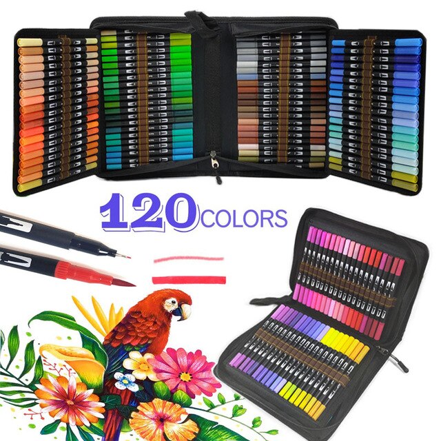 120 Kleuren Box Art Markers Fine Liner Dual Tip Borstel Pennen Set Tekening Schilderij Aquarel Pen Schoolbenodigdheden