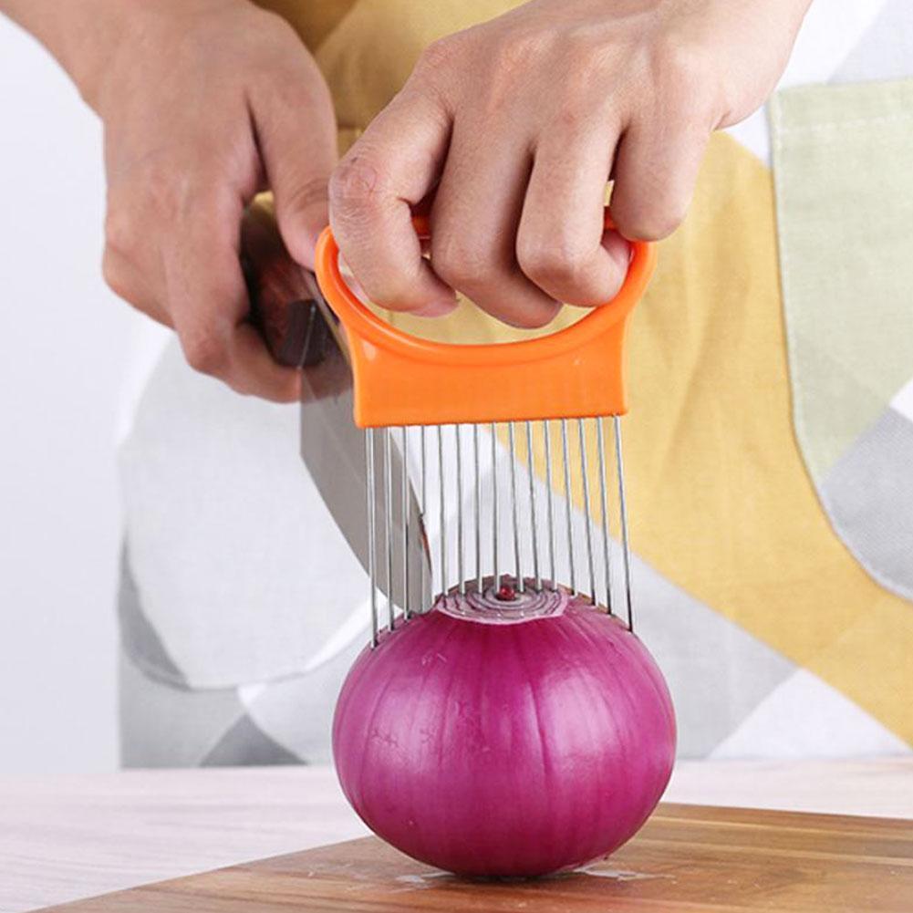 1PC de acero agujas para cebolla tenedor para cebolla verduras fruta máquina de cortar tomate corte seguro Tenedor de ayuda accesorios de cocina