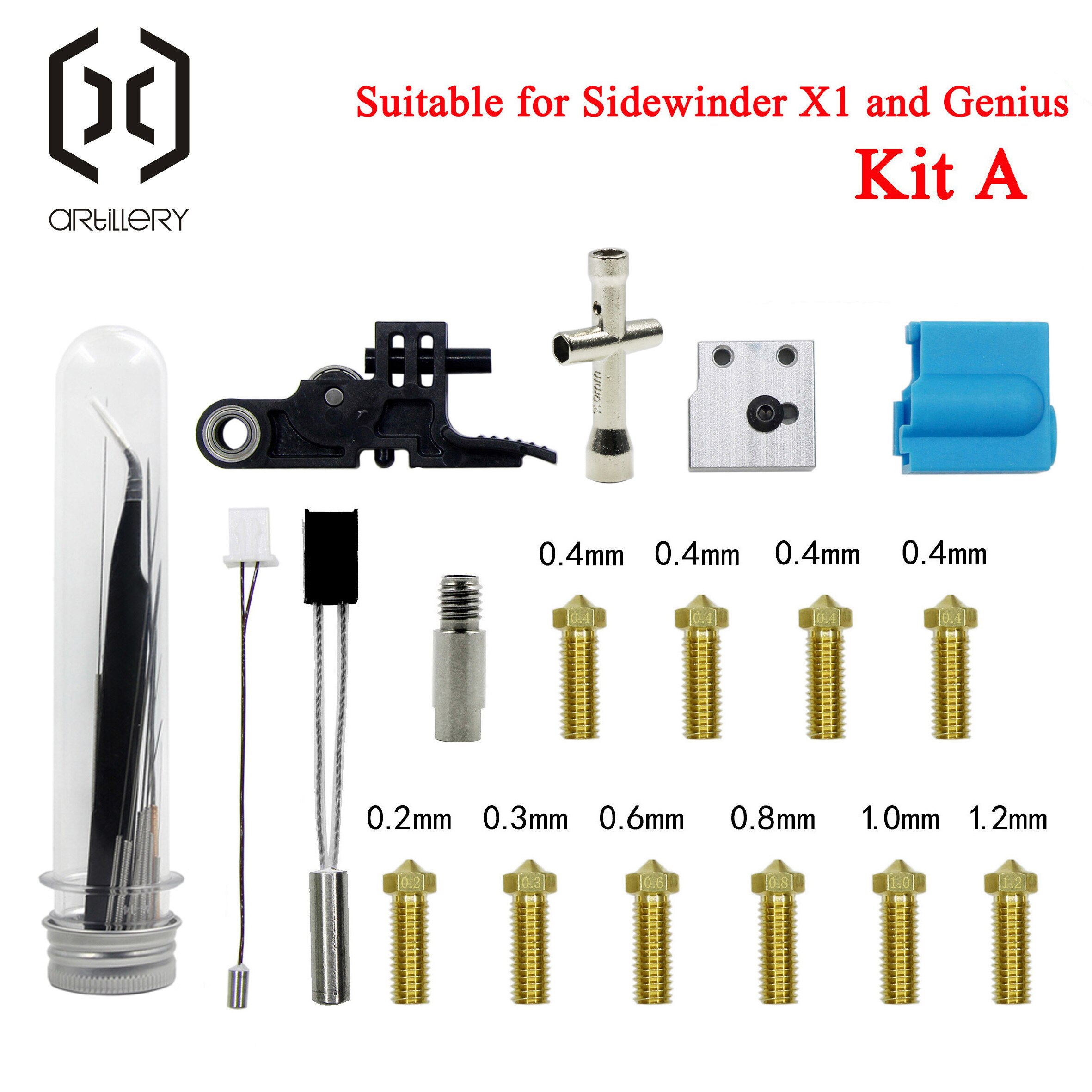 3D printer Artillery extruder Sidewinder X1 Genius and Hornet silicone nozzle kit heating block throat and thermistor idler arm: Kit A