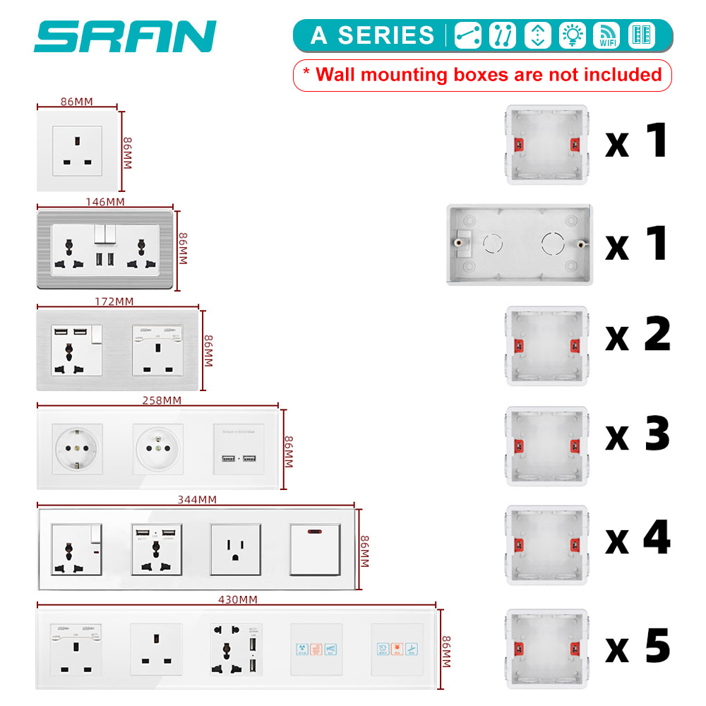 SRAN Blank panel with Installing iron plate 344mm*86mm white/black/gold PC four frame panel switch socket