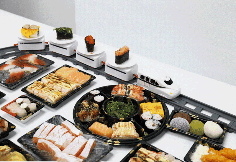 Tren De Sushi Con Cinta Transportadora – Vía Giratoria Para Mesa Con Locomotora Y 5 Vagones (Pilas AA)