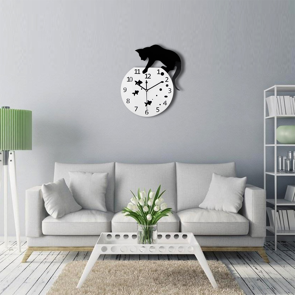 Decoração Da Casa 3D Acrílico Relógio de Parede Projeto Do Gato e Peixe Grande Relógio Relógio De Quartzo Gato Sala de estar relógios Decorativos