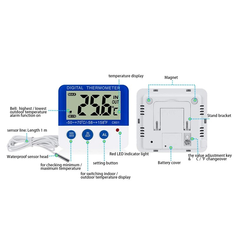 Termómetro del congelador del refrigerador, con indicador LED termómetro de refrigeración Digital con magnético, paquete de 2