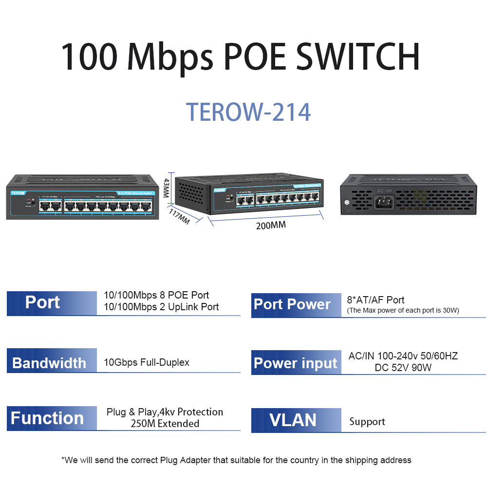 Terow switch poe 4/8/16 portas 100/1000 mbps rede gigabit ethernet 802.3 af/at vlan rj45 switch para câmera ip/ap sem fio/nrv: Preto