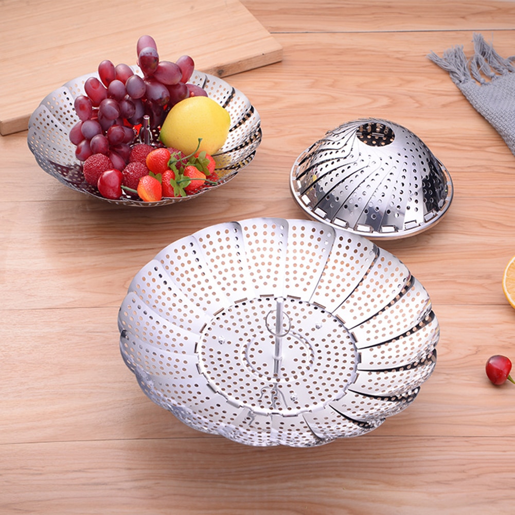 Foldable Mesh Basket Stainless Steel Vegetable Fruit Steamer Punching Food Drain Bowl Basket