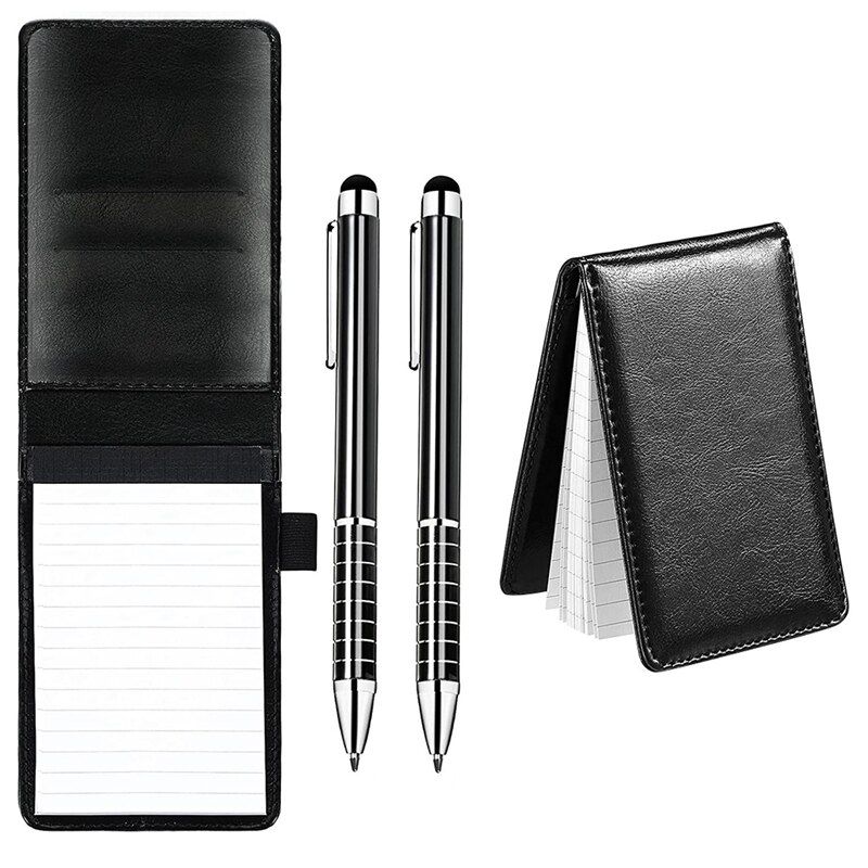 2 Pcs Black Mini Pocket Notepad Pu Business Notebook Notepad Multi-Function Notebook with Pen with 50 Lined Sheets