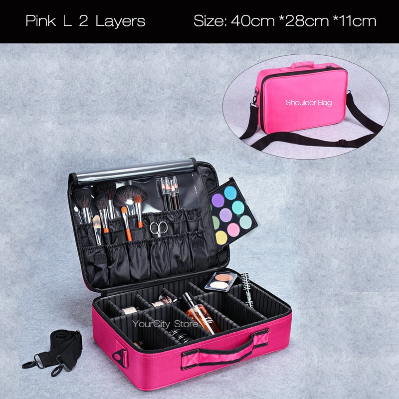 Neceser de para mujer, organizador de maquillaje de viaje, caja de maquillaje , bolsa de cosméticos, bolsas, estuche de belleza para artista de maquillaje: Pink L 2 Layers