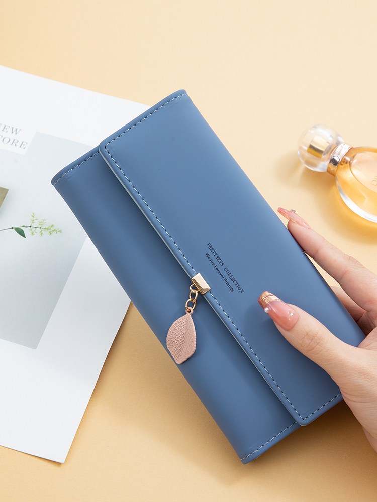 spring and summer women's PU leather Japanese and South Korea small fresh leaf pendant three fold bag large capa: DEEP BLUE