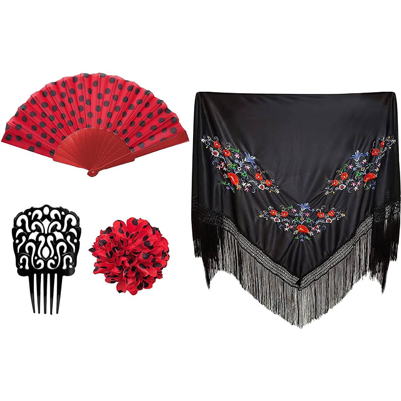 Accesorios Mantilla de Flamenca para Mujer, Disfraces de Sevillana para de Abril Feria, Pack Completo Accesorios