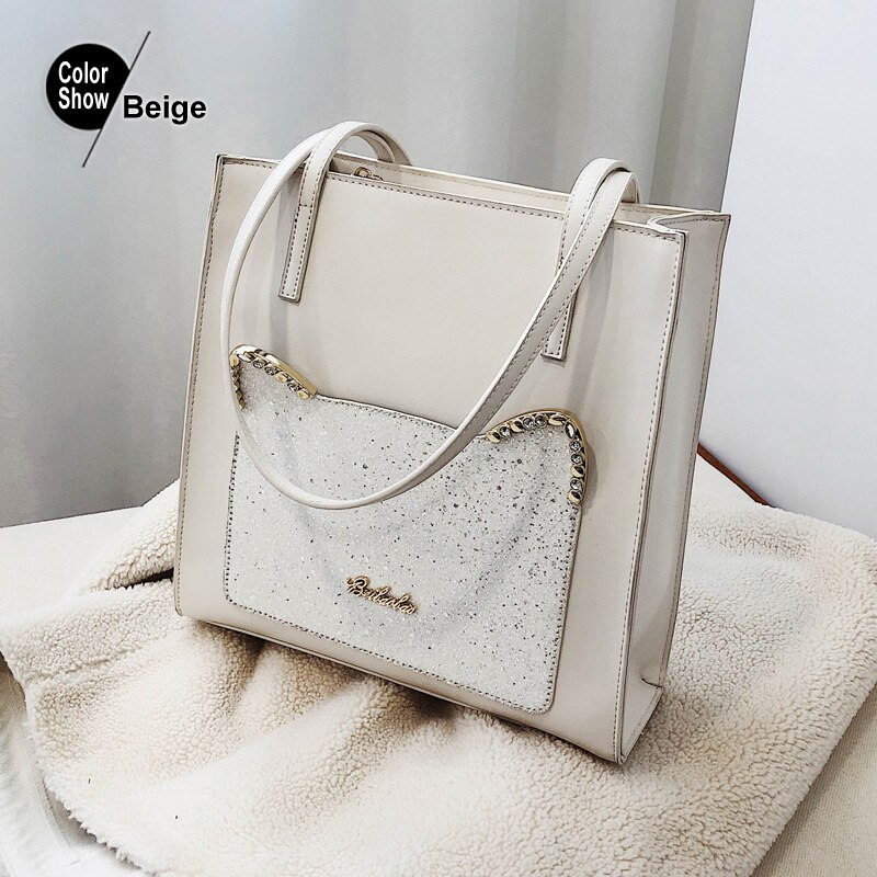 Beibaobao Mode Pailletten Kat Vrouwen Tassen Grote Schoudertassen Dames Luxe Pu Leer Totes Bag Leuke Vrouwen 'S Handtassen: Beige