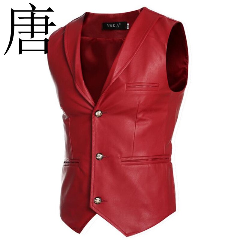 Tang kühlen Neue Faux Leder Jacke Westen Rot Weiß Schwarz Einreiher V Neck Herren Weste Slim Fit Ärmel mantel: gules / M