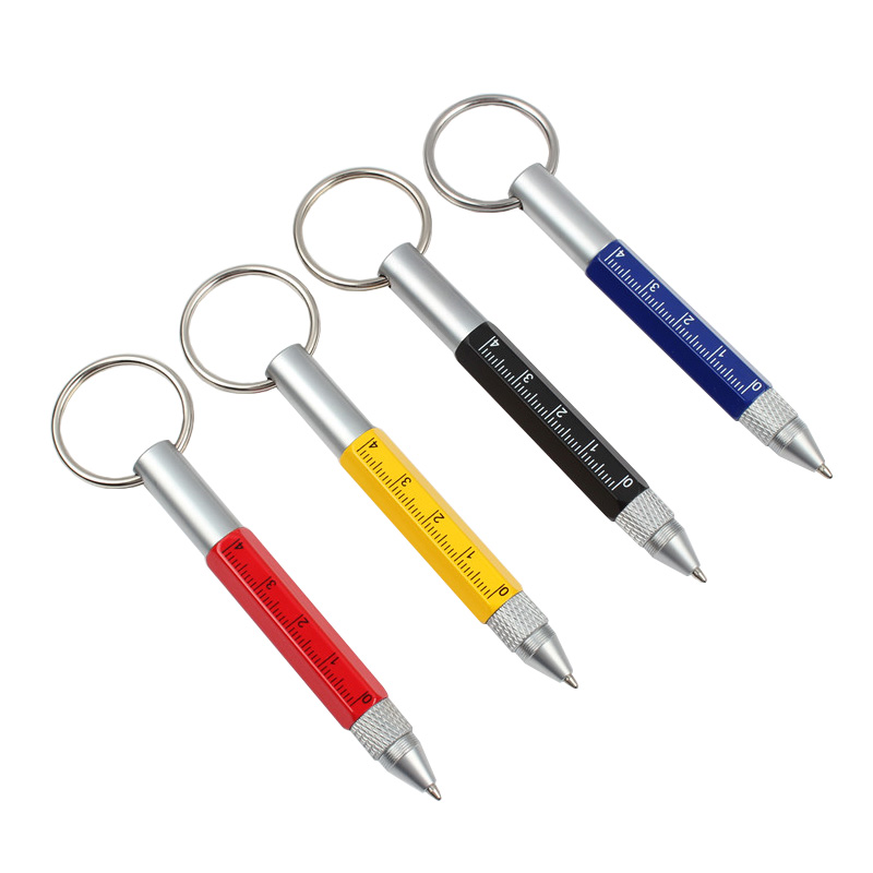 Genkky caneta esferográfica multifuncional, mini caneta esferográfica multifuncional de metal, com ponta esferográfica, jogo de régua, fivelas chaveiro com tinta preta e azul
