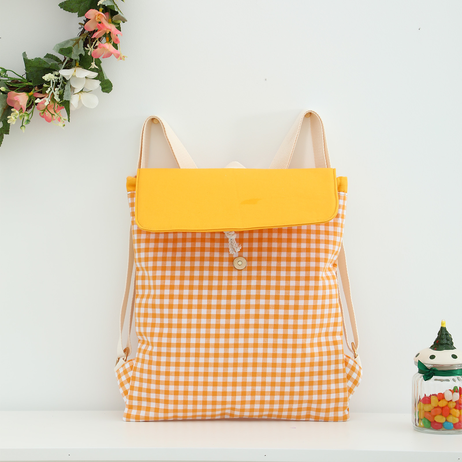 Plaid Backpack For Girls Drawstring Students Canvas Travel Schoolbag Laptop Bookbag: Orange